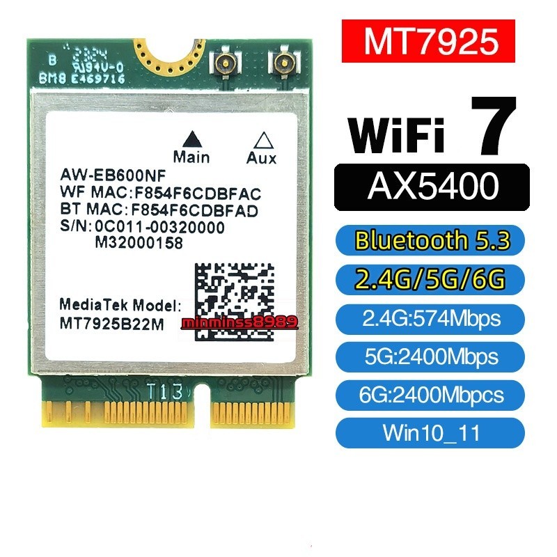 L3 การ์ด Mini MT7925 WIFI7 2.4G/5G/6G Mini PCIE/Mini M2 Bluetooth 5.3