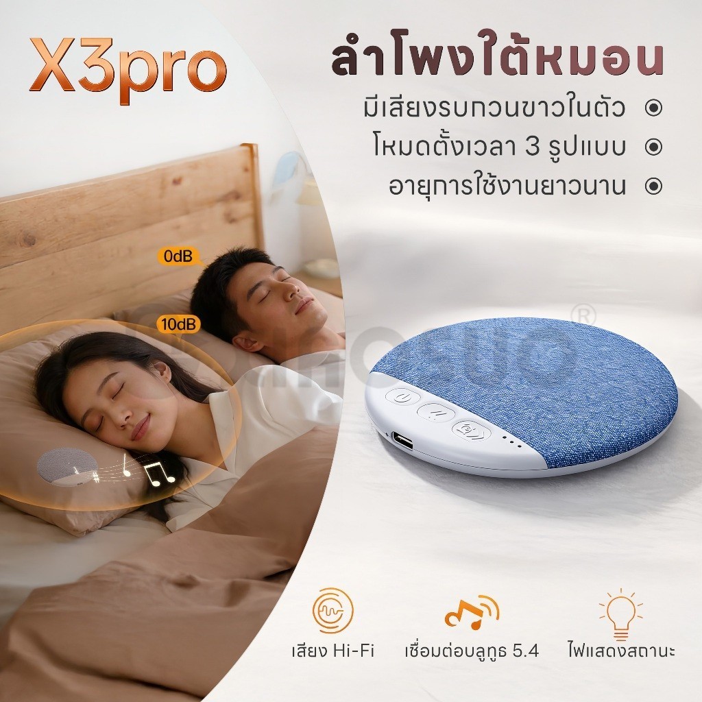 X3Proลําโพงนอนใต้หมอน คุณภาพเสียงดี พร้อมฟังก์ชั่นช่วยการนอนหลับเสียงสีขาว บลูทูธ 5.4 Pillow Speaker #E105
