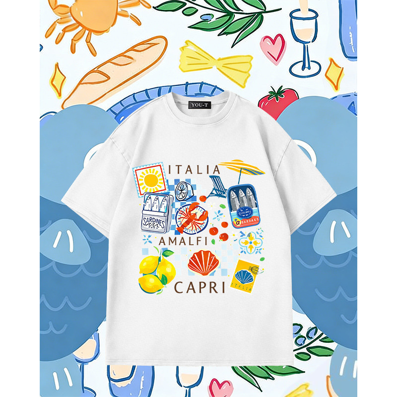 BOOM🌸เสื้อแฟชั่น แขนสั้น คอกลม t shirt oversize cotton ใส่สบาย สไตล์ลำลอง unisex 'AMALFI CAPRI' 2026