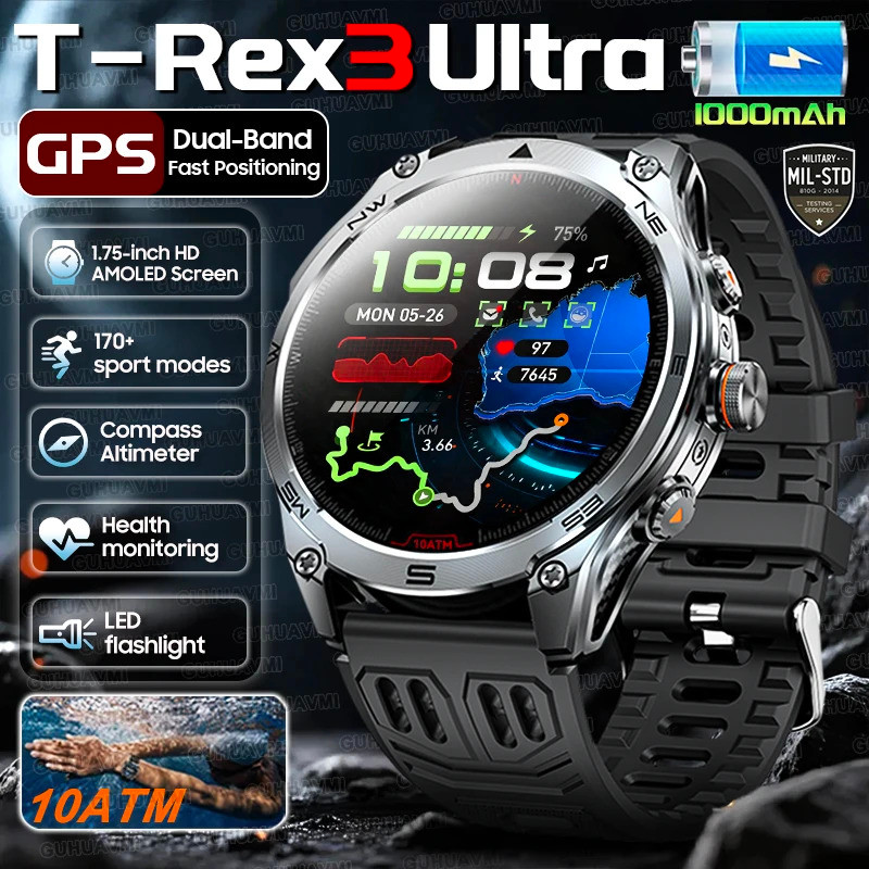 2025 ใหม่ทหาร T-Rex 3 Ultra GPS สมาร์ทนาฬิกา 1000mAh แบตเตอรี่ 10ATM กันน้ําเข็มทิศไฟฉายกีฬา trackr 