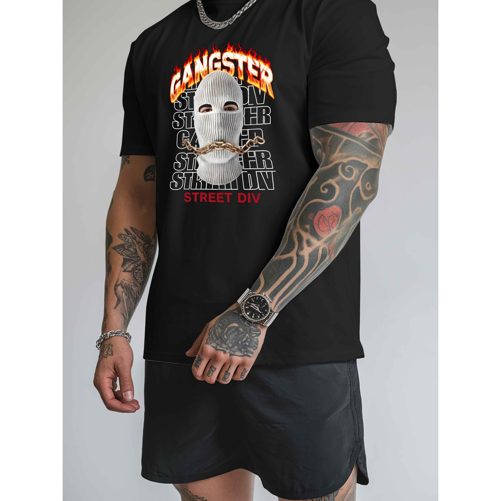 แฟชั่นen'S Gangster Print T-Shirt, Casual Crew Neck Short Sleeve Top
