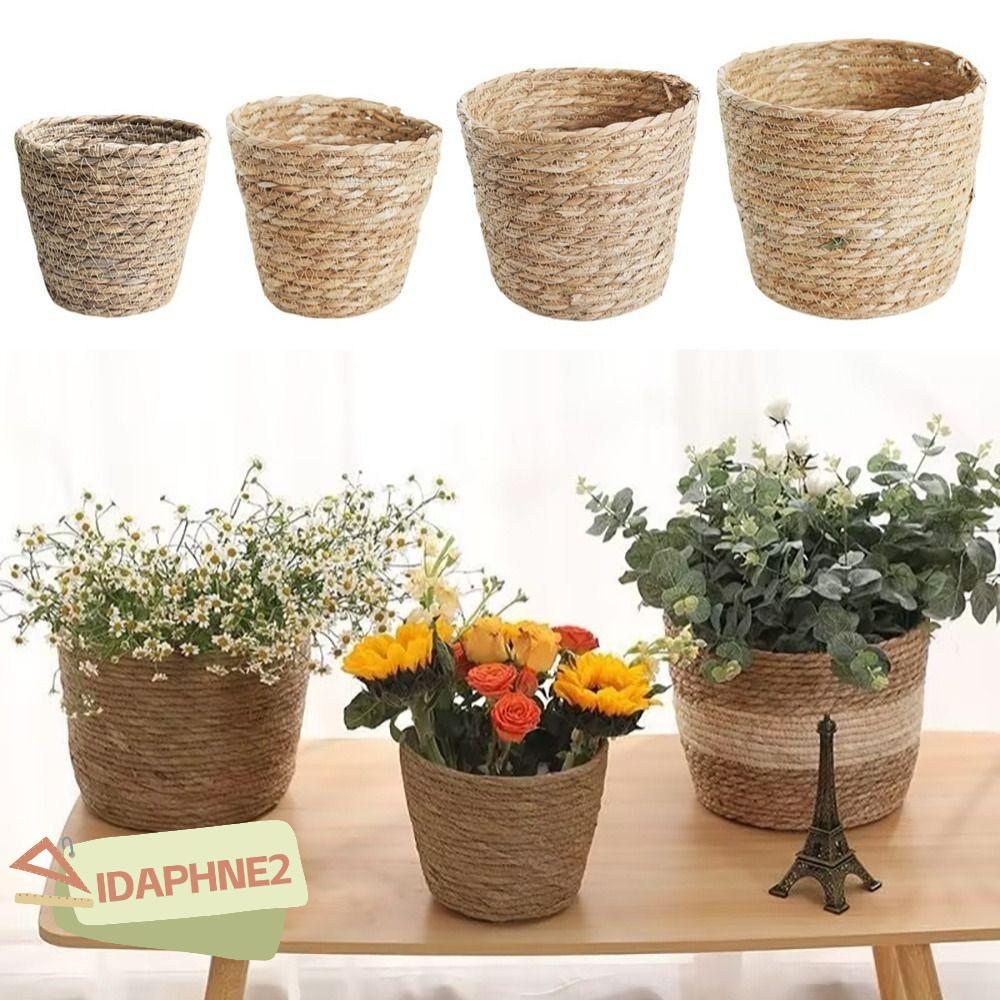 IDAPHNE2 1 ชิ้นดอกไม้หม้อตะกร้า, Planter ตะกร้าสําหรับ Garden Terracess หญ้าทอกระถางดอกไม้,เฟอร์นิเจอร์ตกแต่ง Mini/S/M/L หวายฟางทอพืชตะกร้าดอกไม้