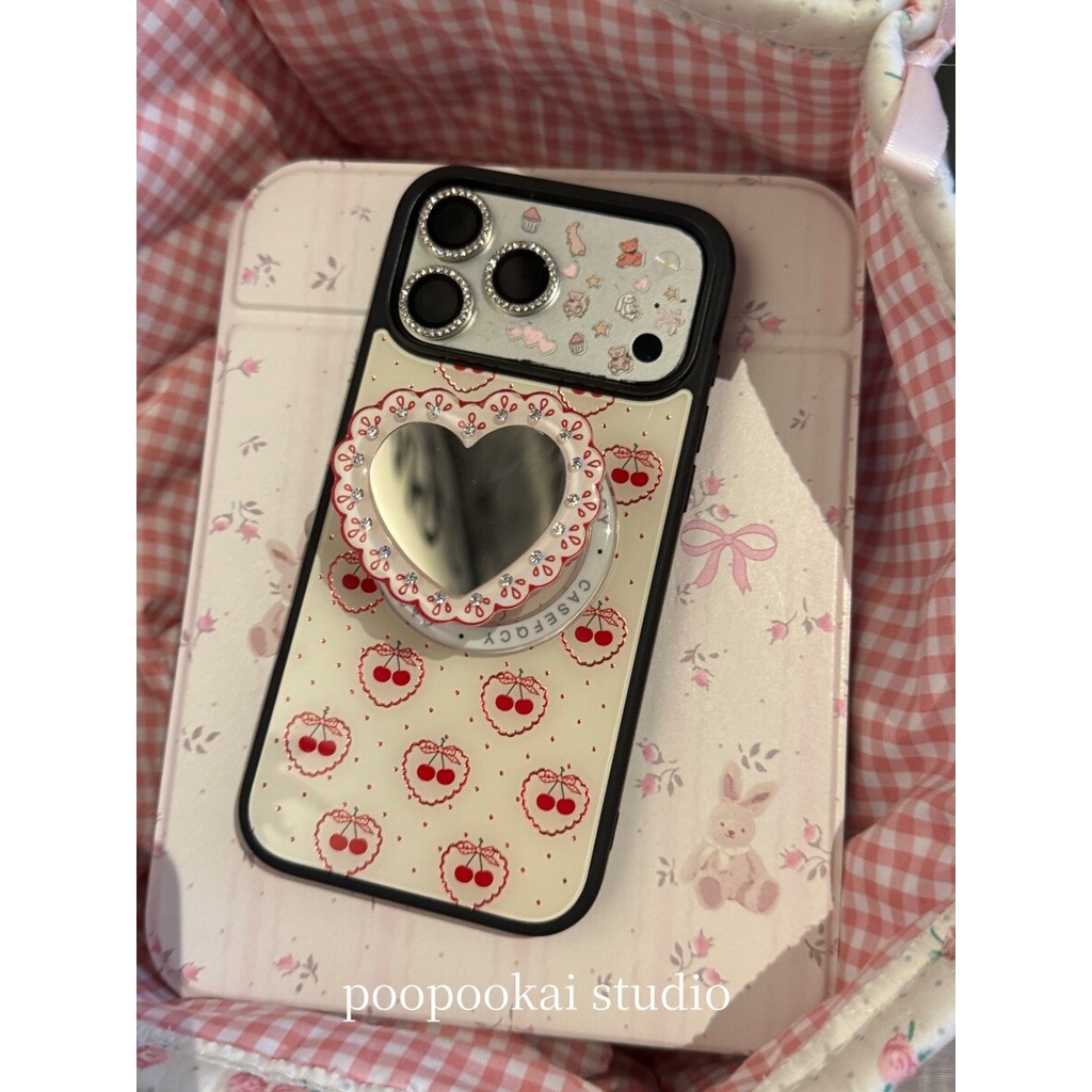เคสแม่เหล็กน่ารัก Full Coverage Soft Edge เกาหลี All-over Heart Cherry Mirror Heart Film ขาตั้งแม่เหล็กแบบถอดได้สําหรับ IPhone 17 Pro Max 16 Pro 15 14 Pro