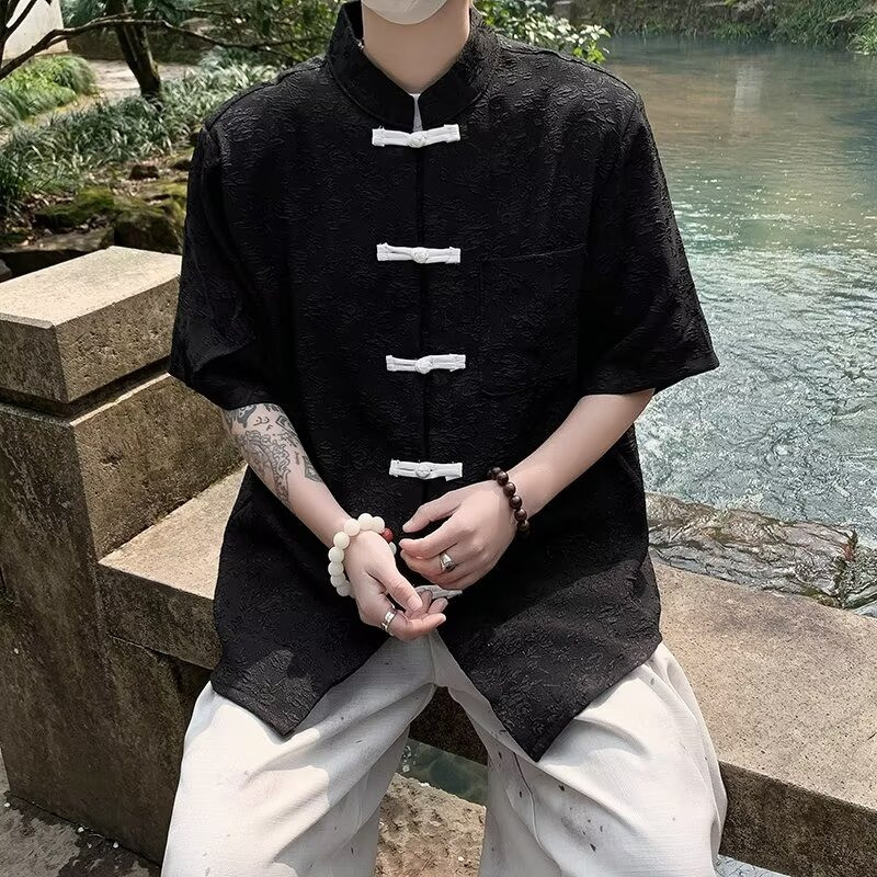 เสื้อสเวตเตอร์ชาย สไตล์จีน ทรงหลวม พร้อมปกตั้งและสายคาดเอว