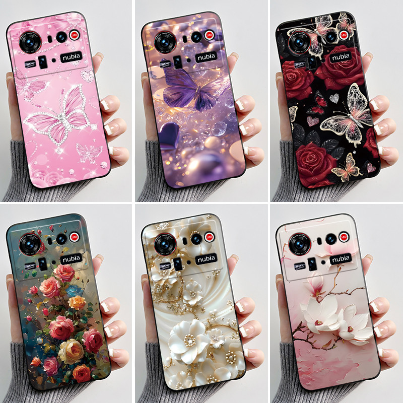 สําหรับ ZTE Nubia Z80 Ultra กรณี NX741J หรูหราแฟชั่นผีเสื้อดอกไม้ Jelly สีดําซิลิโคนนุ่มฝาครอบโทรศัพ