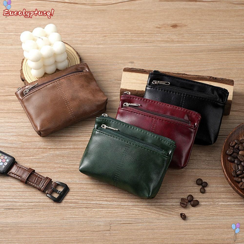 EUCALYPTUSQ1 กระเป๋าใส่เหรียญ, ซิปหนัง PU Zero กระเป๋าสตางค์, กระเป๋าการ์ดวินเทจสีทึบแฟชั่น