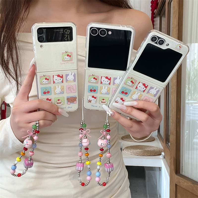 น่ารักดอกไม้สุนัขวงเล็บสร้อยข้อมือเคสโทรศัพท์สําหรับ Samsung Galaxy Z Flip 7 6 5 สองชั้นฝาครอบ IMD