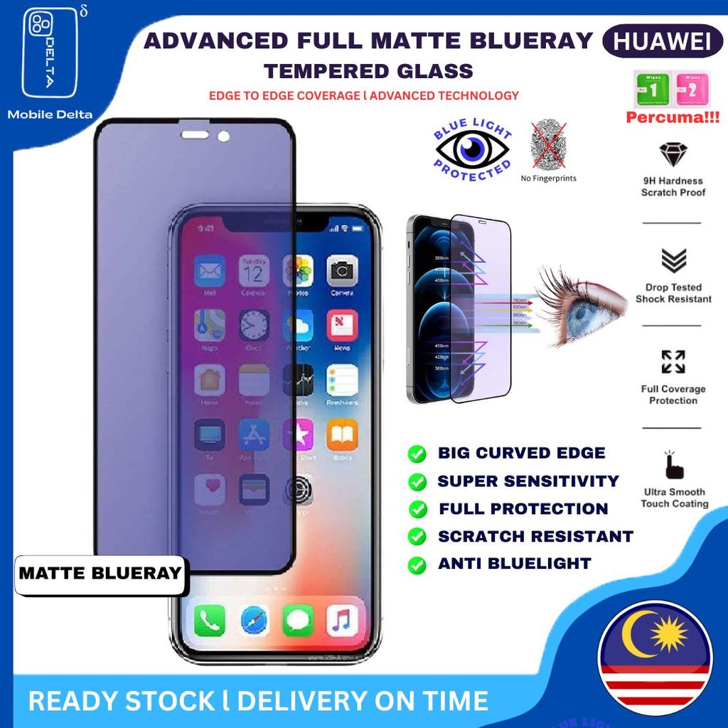 HUAWEI Nova 5T,3i,2i,2Lite,3,4,4E,7,7i,7SE,Y5P,Y6P,Y7P,Y9S,P40 ขั้นสูง Matte Blueray กระจกนิรภัยป้อง