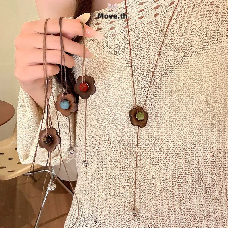 ในไทย-พร้อมส่ง✨สร้อยคอจี้ดอกไม้ไม้ วินเทจโบฮีเมียน ยาว ใส่ได้ 4 ฤดู คล้องเสื้อกันหนาว-Move