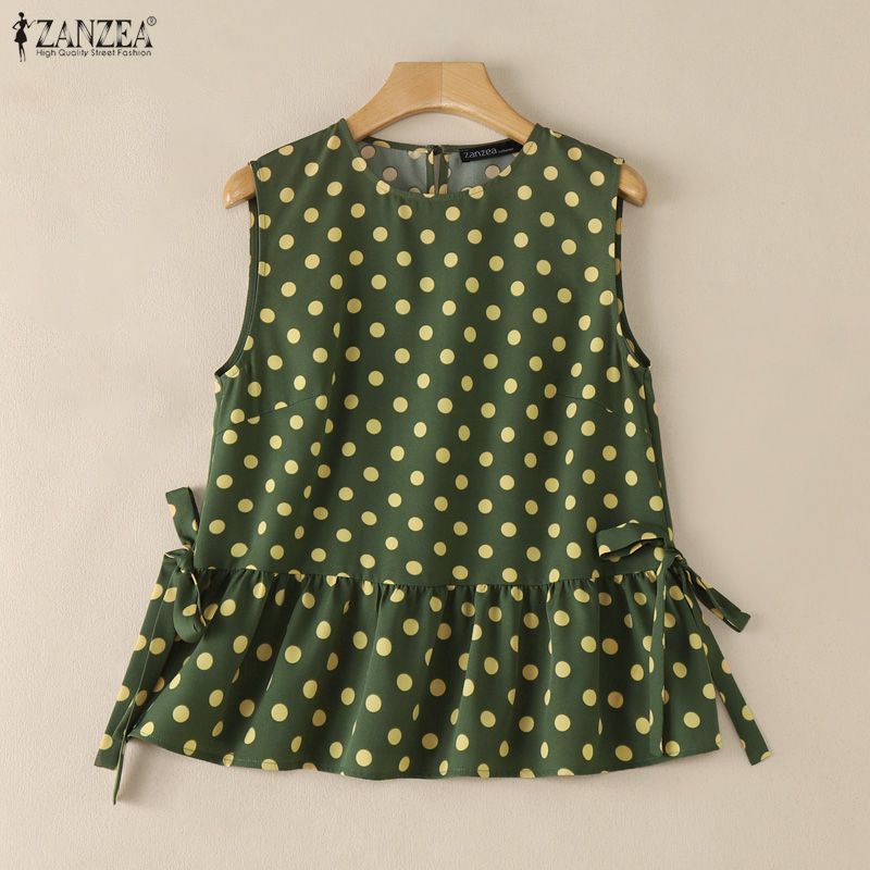 ZANZEA สไตล์เกาหลียาวแขนกุดแบบคล้องไหปลอก ลายจุด.Dot สำหรับผู้หญิง