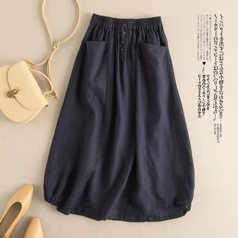 M-4XL พลัสขนาดผู้หญิงญี่ปุ่นเอวสูง a-Line กระโปรงบานกระโปรงผ้าฝ้ายผ้าลินินหลวมกระโปรงยาวปานกลางครึ่ง @-