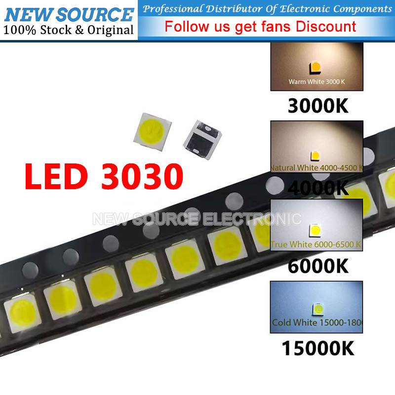 [100 ชิ้น] LED SMD 3030 1W 3V 6V 9V สีขาว Cool-white Warm-white Nature-White 6000-6500K 15000-18000K