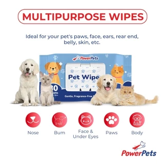 ทิชชู่เปียกสำหรับสัตว์เลี้ยง แบรนด์ PowerPets สูตรต้านเชื้อแบคทีเรีย 80 แผ่น ปราศจากแอลกอฮอล์