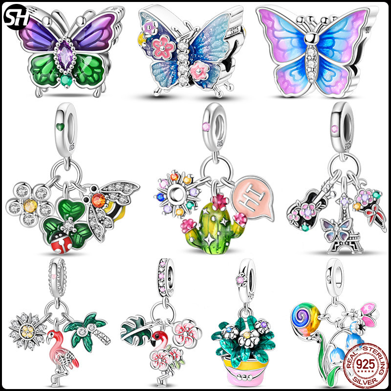 Original 925 เงิน Enchantings ผีเสื้อกระบองเพชร Bee แจกันดอกไม้พืชบัญชี Companions Charms Fit DIY สร้อยข้อมือ