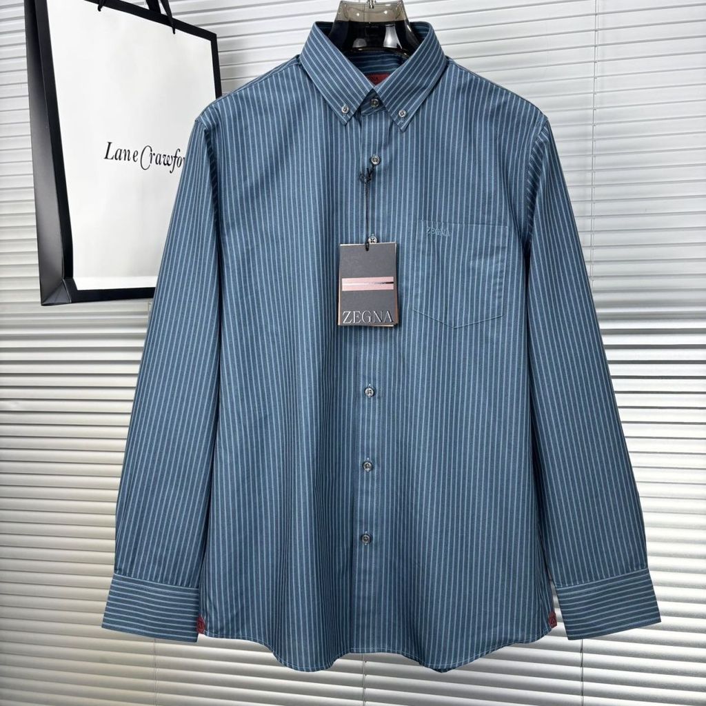 UZSL Zegna Autumn Men's Vintage Striped Shirt with Cut Labels, Long Sleeve, Loose Fit, Business Casu