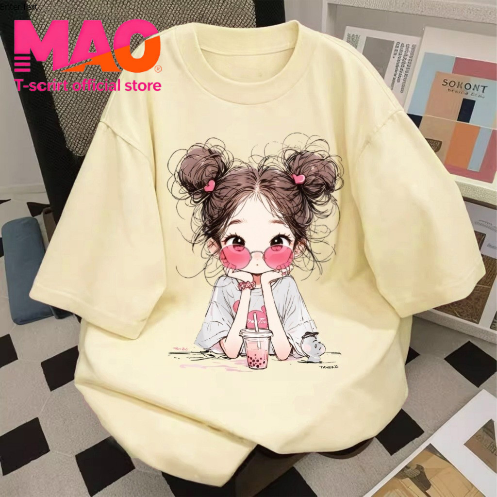 COD✅ (จัดส่งในกรุงเทพฯ) MAO Shop เสื้อยืดผู้หญิง oversize ไม่หดตัว ใส่สบาย การ์ตูนน่ารัก ลาย "milk tea Girl" คอกลม