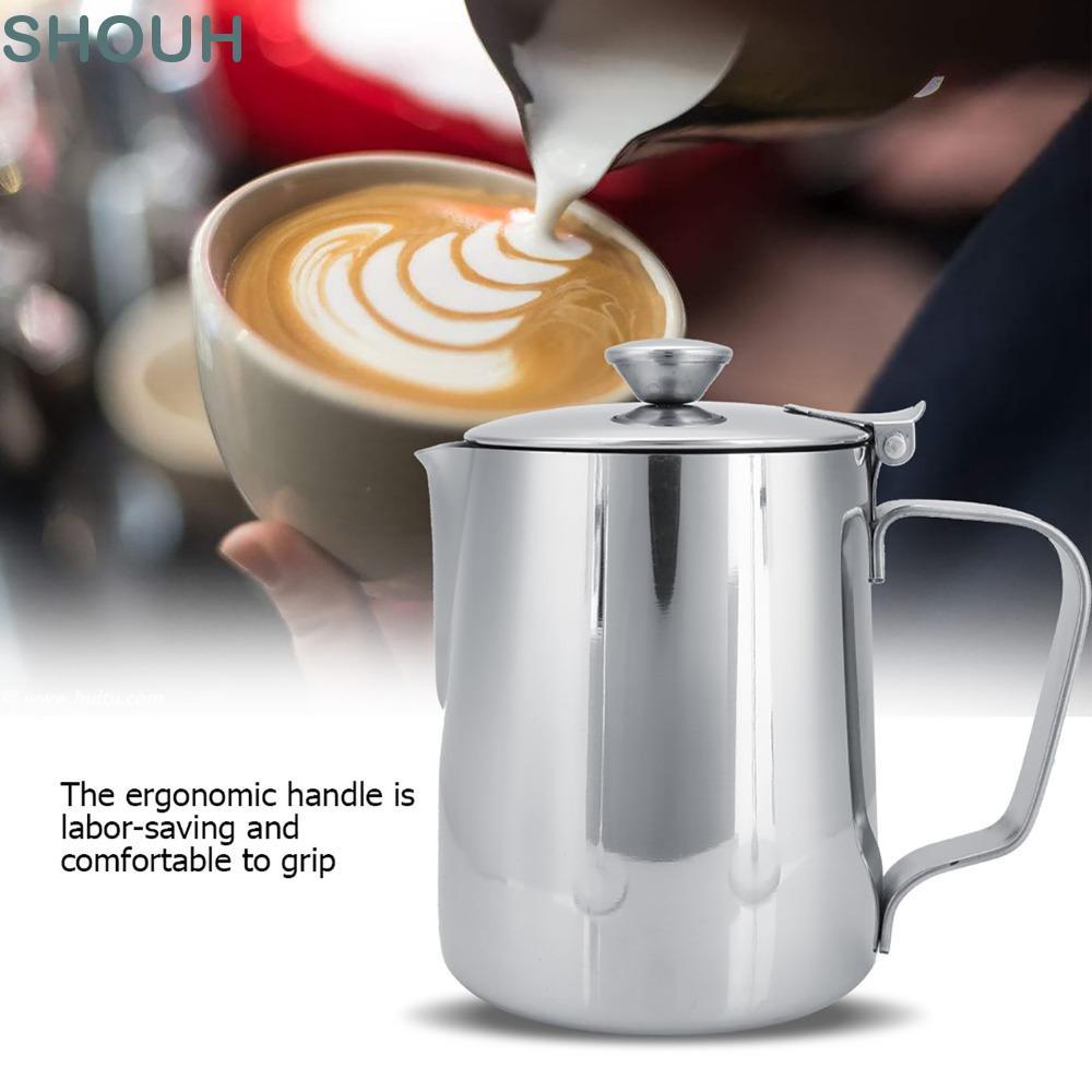 SHOUH Coffee Frothing Pitcher, เงินพร้อมฝาปิดนม Frothing Pitcher, Latte Coffee Art Handle Design สแต