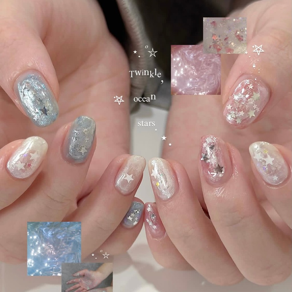 Galaxy Cloud Brocade Cats Eye สวมใส่เล็บ ins มือวาดสั้น Dream Ocean เล็บ Patch