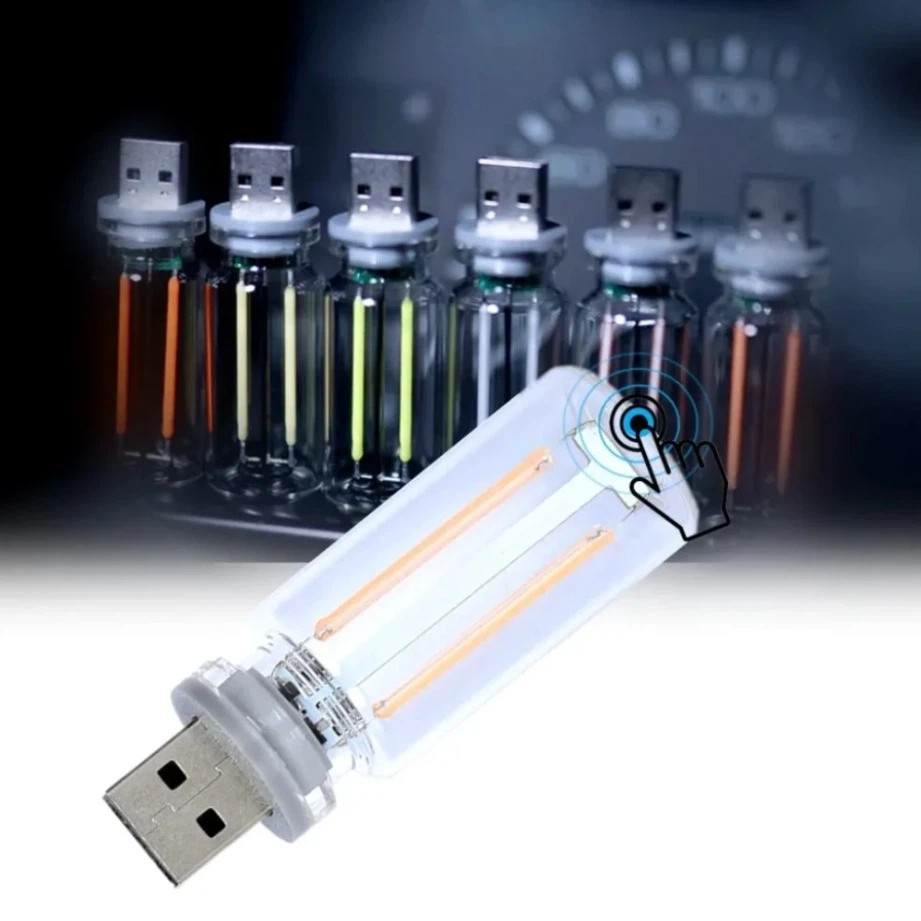 Touch Dimming หลอดไฟแก้วที่มีสีสัน LED Filament USB Night Light Retro Edison หลอดไฟ 5V USB ตกแต่งรถป้องกันดวงตาแสง