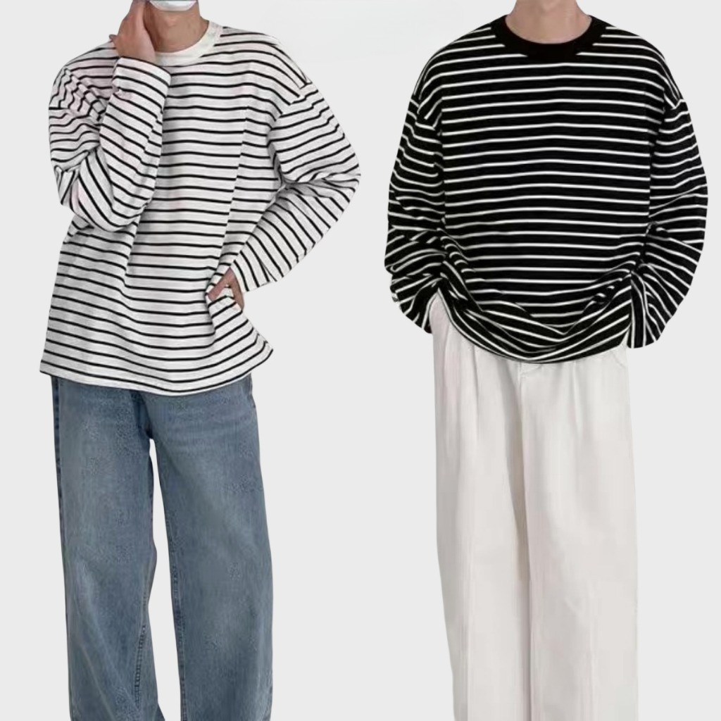 Chaistyle ผู้ชาย เสื้อลาย คอกลม เสื้อยืด แขนยาว รุ่นต่อ ทรงหลวม ระบายอากาศ สวมใส่ได้ทั้งชายและหญิง