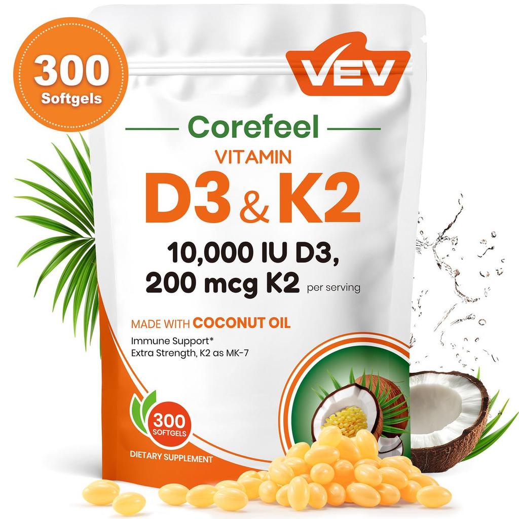 VEV Corefeel วิตามิน D3 K2 10000 IU, 300 Virgin Coconut Oil Softgels,2in 1 วิตามินอาหารเสริม D & K, 