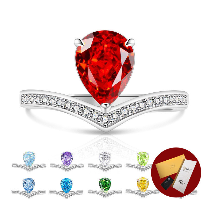 (พร้อมใบรับรอง Gra ดอกไม้น้ําแข็งสีสันสดใสตัดแหวนมงกุฎแถว V สําหรับผู้หญิงฝังด้วยเครื่องประดับรูปลูก