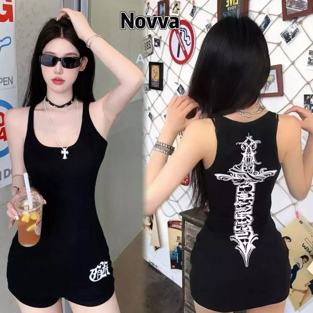 ส่งไวจากไทย เสื้อยืดแขนกุด ผู้หญิง พิมพ์ลาย สไตล์อเมริกัน หวานเซ็กซี่ ใส่สบาย 2 สี Novva