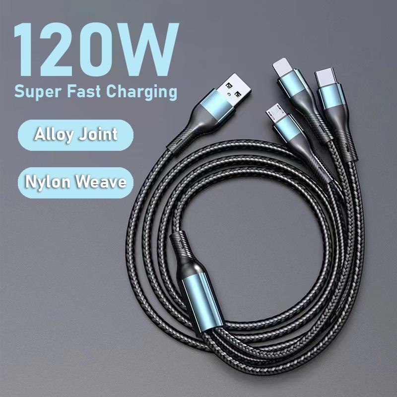 6A รุ่น - สายชาร์จเร็วสีชาร์จเร็วเป็นพิเศษ 3-in-1 พร้อมอินเทอร์เฟซ micro USB และ Type-C ได้ 120 วัตต์ พกพาสะดวก