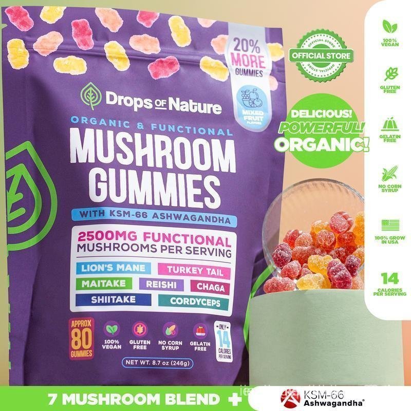 [OFFICIAL STORE] Drops Of Nature Mushroom Gummies | Ashwagandha KSM-66, Lion's Mane, Shiitake, Turke
