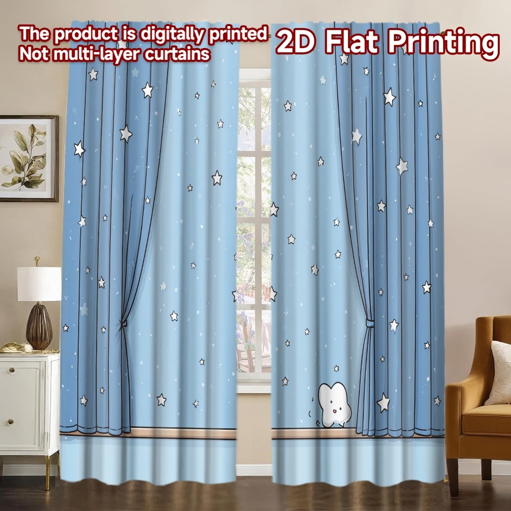 2D FLAT PRINTING ผ้าม่าน 2 ชิ้น (ไม่มีก้าน) a_cute_blue_background_with_white_stars_a_simple_a_ ผ้าม