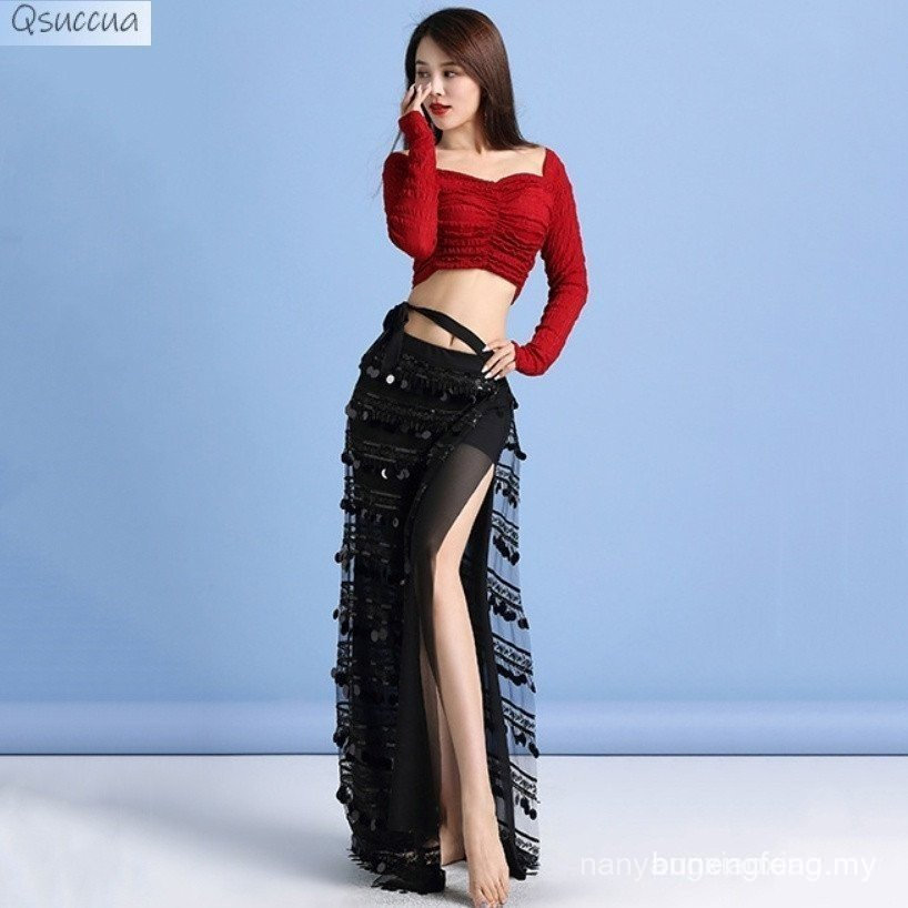 Qsuccua ผู้ใหญ่สุภาพสตรี Belly Dance เซ็กซี่ V คอ Top Sequined พู่แยกกระโปรงฝึกประสิทธิภาพ ROI9 HNPL