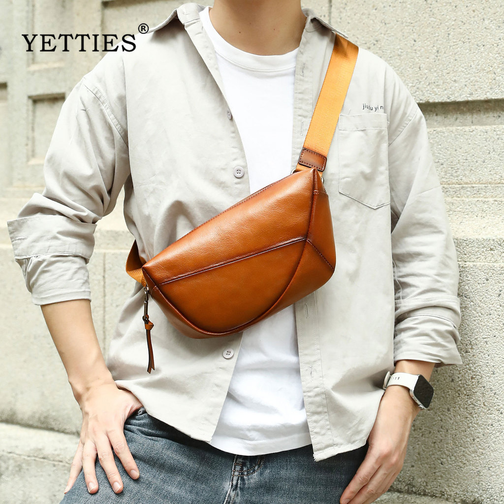 YETTIES กระเป๋าสะพายผู้ชายหนังแท้ Cowhide Retro Casual Crossbody Bag for Men