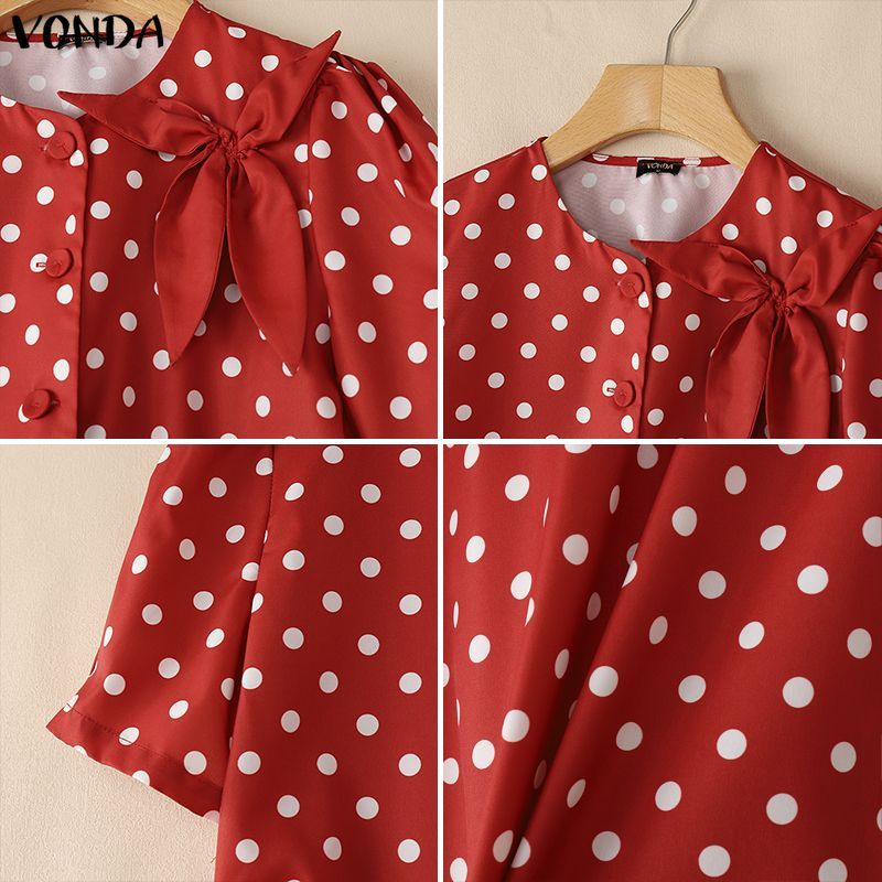 VONDA ผู้หญิงเกาหลีลําลองรอบคอสามมิติลายดอกไม้ลายจุดแขนสั้นทอผสมเสื้อรูปตัว H — صورة 7