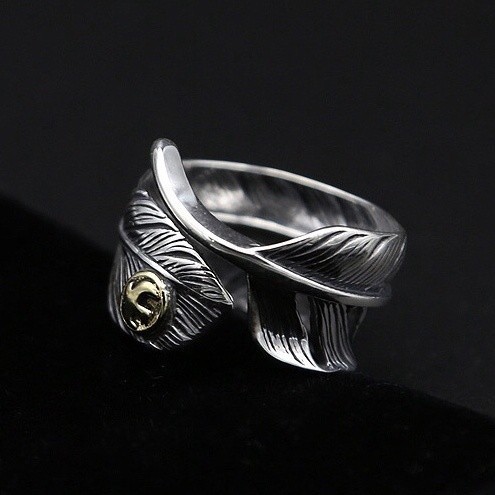 GOROS แหวนเงินสเตอร์ลิงแบบลายขนนก สำหรับผู้ใหญ่