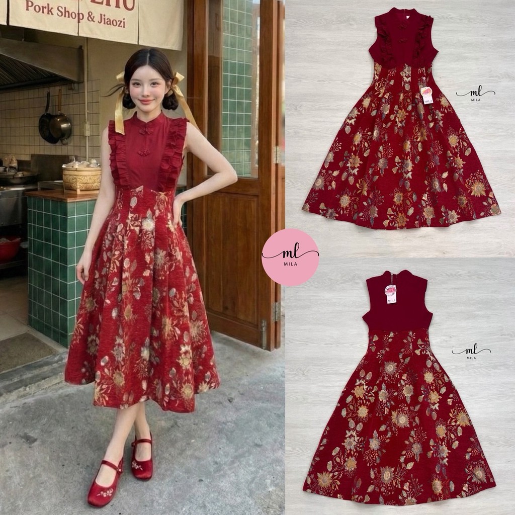 (พร้อมส่ง) Mila28 เดรสแขนกุดสีแดงเข้ม ดีไซน์คอจีน  ตัดต่อกับกระโปรงผ้าทอลายดอกไม้โทนทอง กระโปรงทรงจีบบาน