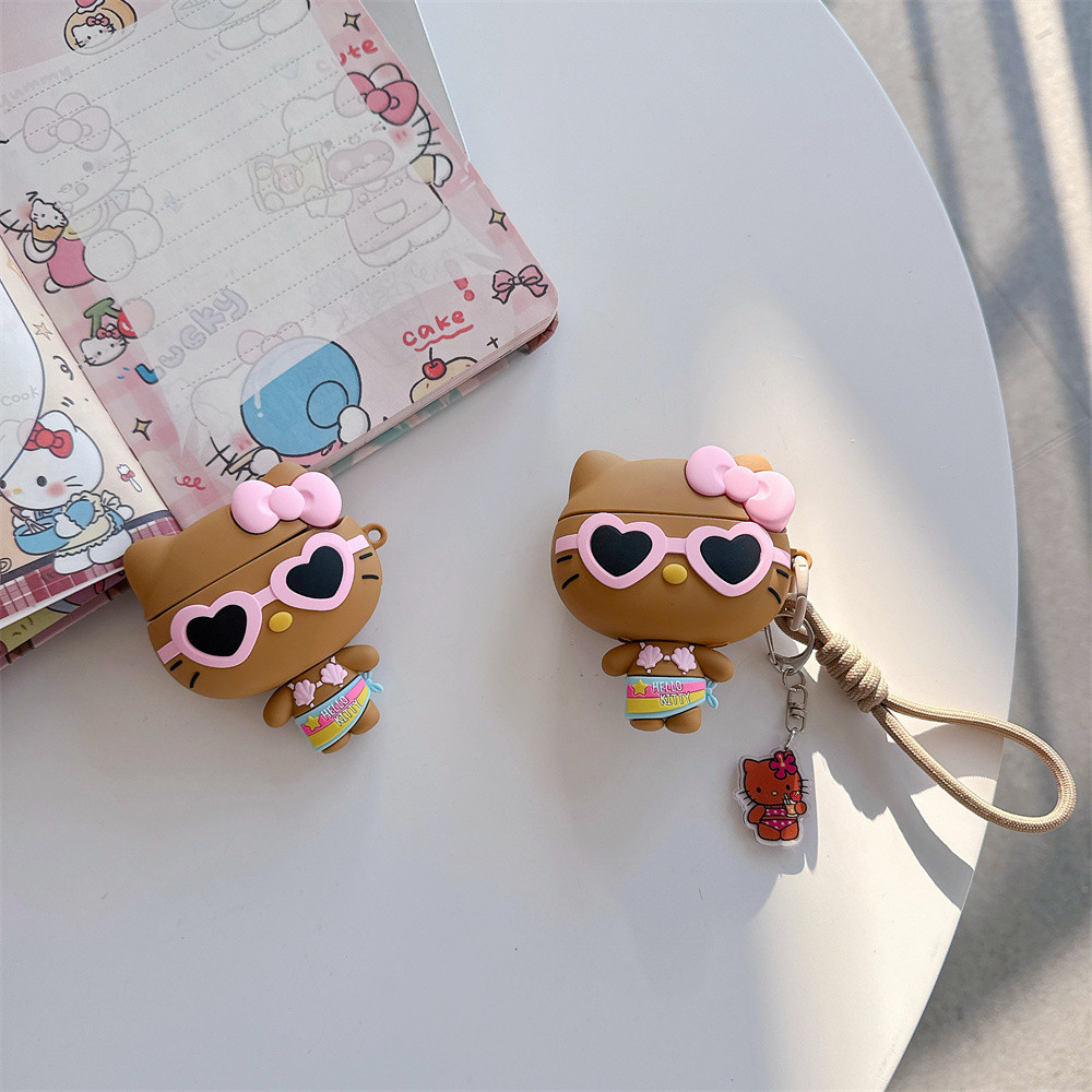 สําหรับ AIRPODS 4 ANC PRO 3 2 แว่นตากันแดดสร้างสรรค์ Hello Kitty 3D ซิลิโคนป้องกันกรณีฝาครอบกรณี