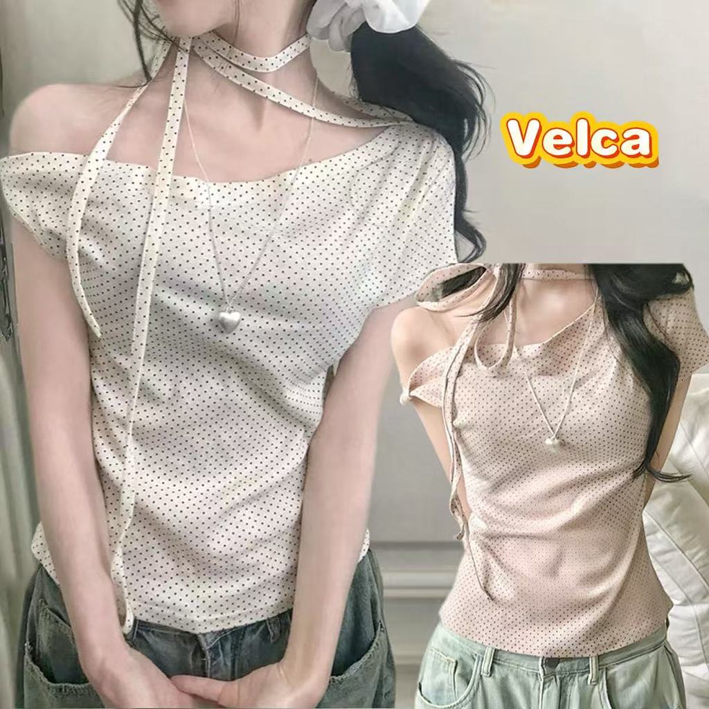 ส่งจากไทยทุกวัน รวมเสื้อลายจุด เสื้อยืดผู้หญิง ปาดไหล่ สไตล์หวานน่ารัก 2สี🌸Velca