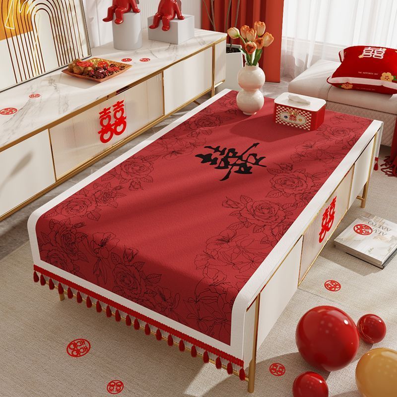 结婚茶几桌布客厅红色喜庆新婚餐桌布婚房喜字台布氛围感装饰盖布1.24Wedd Tea Tablecloth Liv Room Red Festive New Wedd Din Tablecloth W