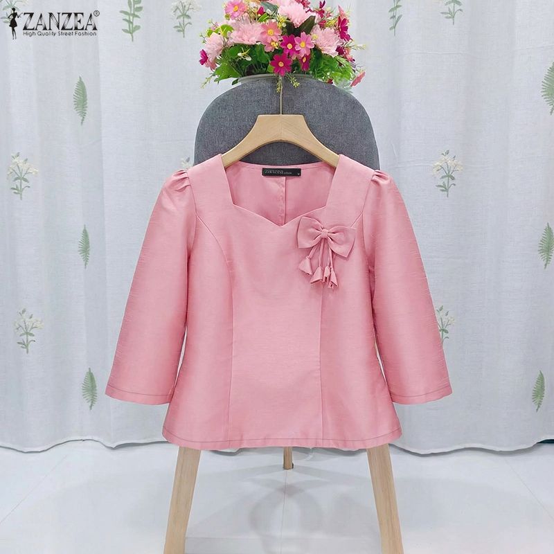ZANZEA ซานเซีย สวมใส่ง่ายสไตล์เกาหลีสำหรับผู้หญิง คอเหลี่ยมแขนยาว 3/4 มีซิปด้านข้าง ทำจากผ้าซาติน — صورة 5