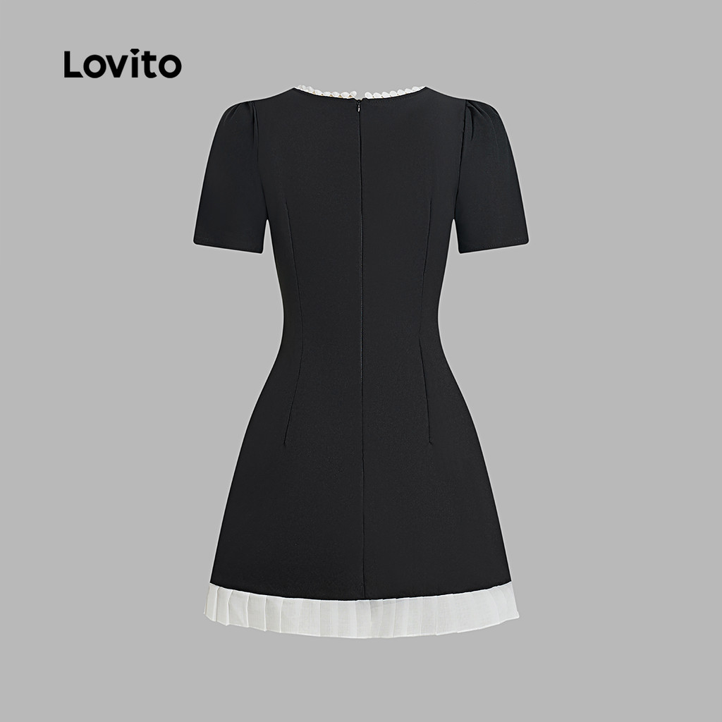 Lovito เดรสลําลอง สีบล็อก เย็บผ้า ฤดูใบไม้ผลิ/ฤดูร้อน สีดํา สําหรับผู้หญิง LK2AD249 - รูปที่ 3