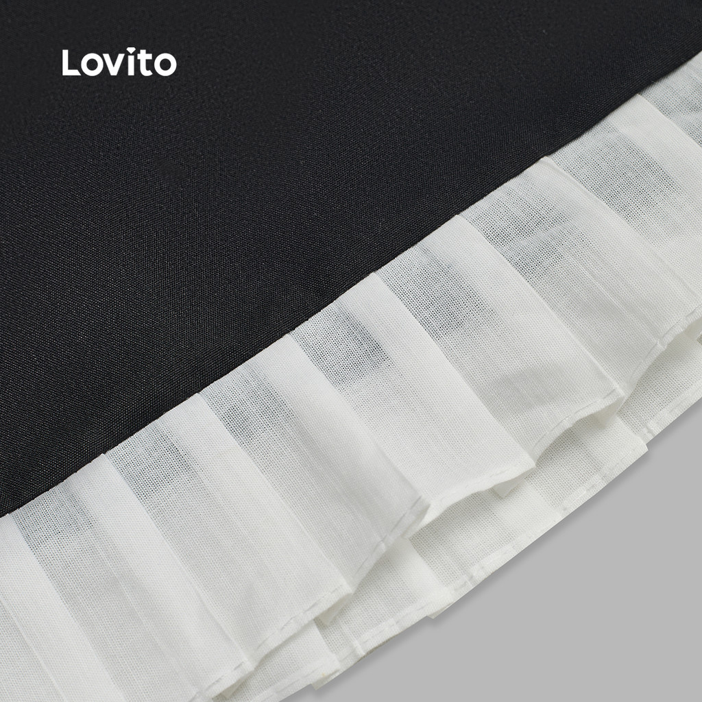 Lovito เดรสลําลอง สีบล็อก เย็บผ้า ฤดูใบไม้ผลิ/ฤดูร้อน สีดํา สําหรับผู้หญิง LK2AD249 - รูปที่ 4