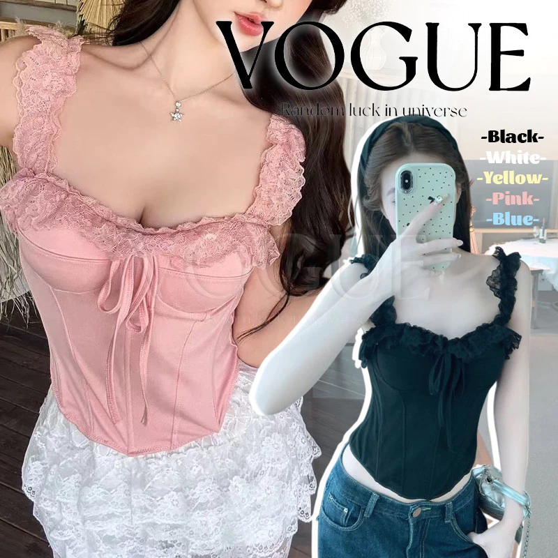 Vogue🌟พร้อมส่ง🌟 เสื้อสายเดี่ยว ดีเทลลูกไม้แต่งเชือก ทรงคอร์เซ็ท เข้ารูป มีฟองน้ำ สีพาสเทล (FY7016)