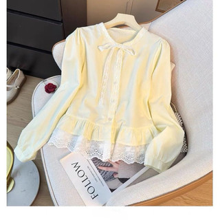 CHICMORE Kemeja Wanita Lace Bow Elegan | Kemeja Casual Wanita | Kemeja Lengan Panjang | Kemeja Korea Style | Original By CHICMORE | Warna Pink/Yellow/Blue/White | Kemeja Kerah Bulat | Kemeja Hem Ruffle Brokat | OOTD Feminine Daily | Bahan Katun Lembut