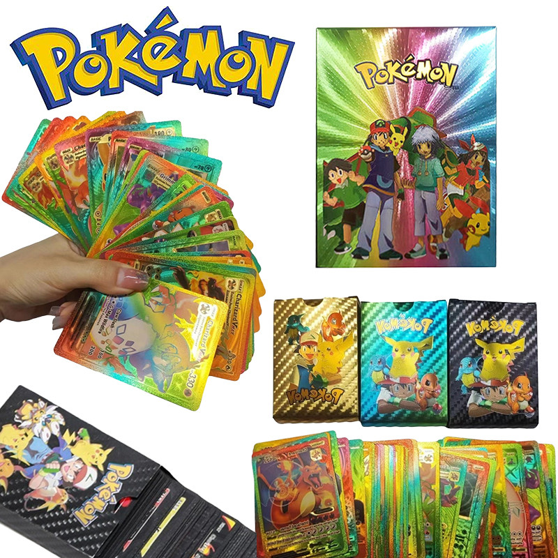 Pokemon Gold ฟอยล์เงินสีการ์ดพลังงาน 55 ชิ้น Pikachu Charizard Vmax GX การ์ดของขวัญสะสม