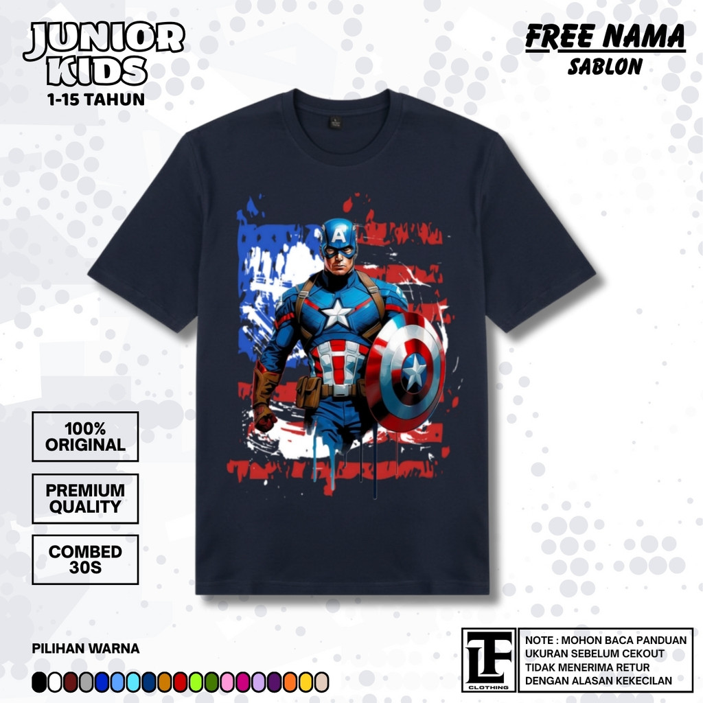 Captain America Kids T-Shirt Superhero Character Top for Boys Cotton Combed 30s 1-15 Years Code 02 -