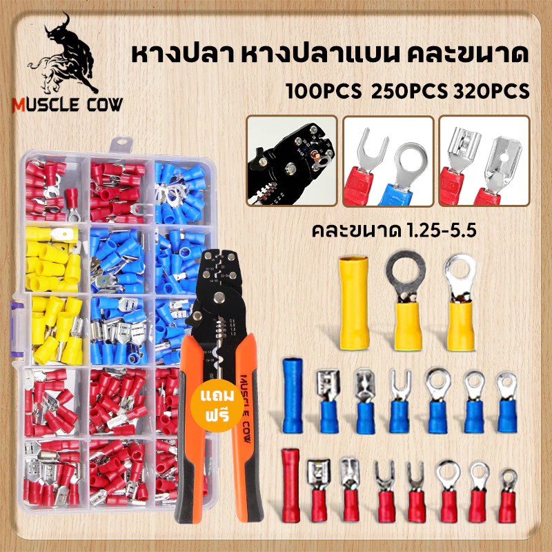 MUSCLE COW ชุดหางปลาเชื่อมสายไฟ 320 ชิ้น มีแบน แฉก กลม หุ้มฉนวน PVC พร้อมกล่องและป้ายขนาด เหมาช่างไฟฟ้า