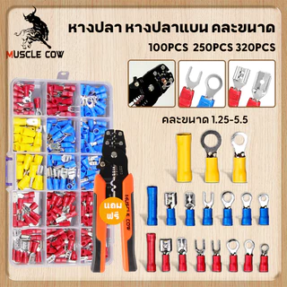 MUSCLE COW ชุดหางปลาเชื่อมสายไฟ 320 ชิ้น มีแบน แฉก กลม หุ้มฉนวน PVC พร้อมกล่องและป้ายขนาด เหมาช่างไฟฟ้า