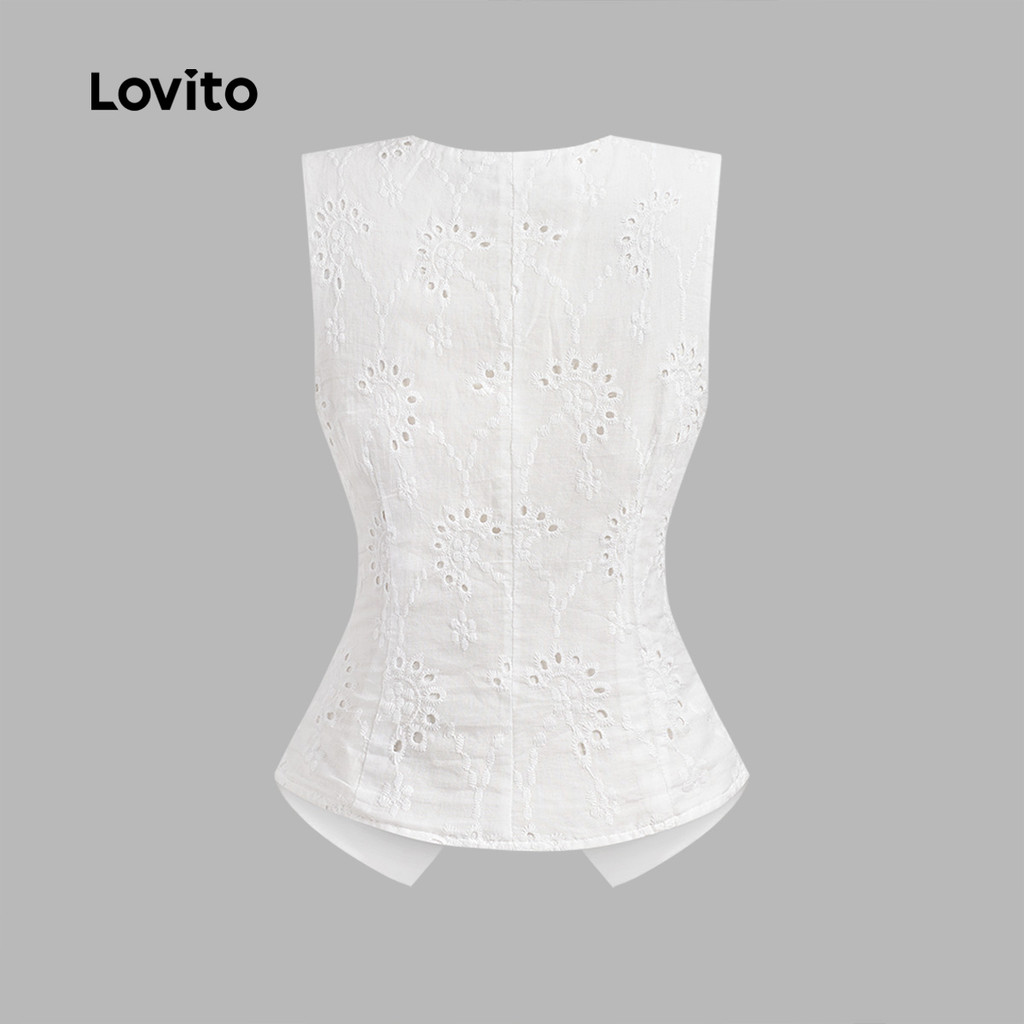 Lovito เสื้อสายชิลล์ลูกไม้เย็บปักด้วยปุ่ม แขนสั้นรับฤดูใบไม้ผลิ/ฤดูร้อน สีขาว สำหรับผู้หญิง L143AD1885 - รูปที่ 4