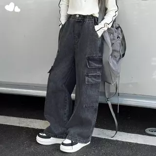 Girls Overall Jeans กางเกงขาตรง สีดํา หลวมสบาย Casual All-Match ไซส์ 110-160