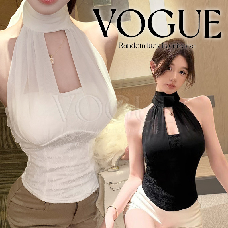 Vogue🌟พร้อมส่ง🌟 เสื้อคล้องคอ แบบผูกชีฟอง ผ้าลูกไม้ 2สีขาวดำ มีฟองน้ำในตัว เข้ารูป (FY10169)